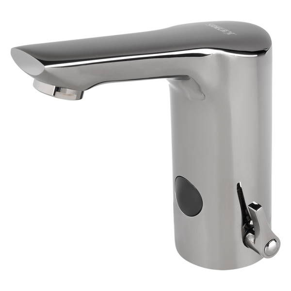 Automatická stojánková baterie s regulací, úzký výtok, dvě vody, metal grey, 6 V