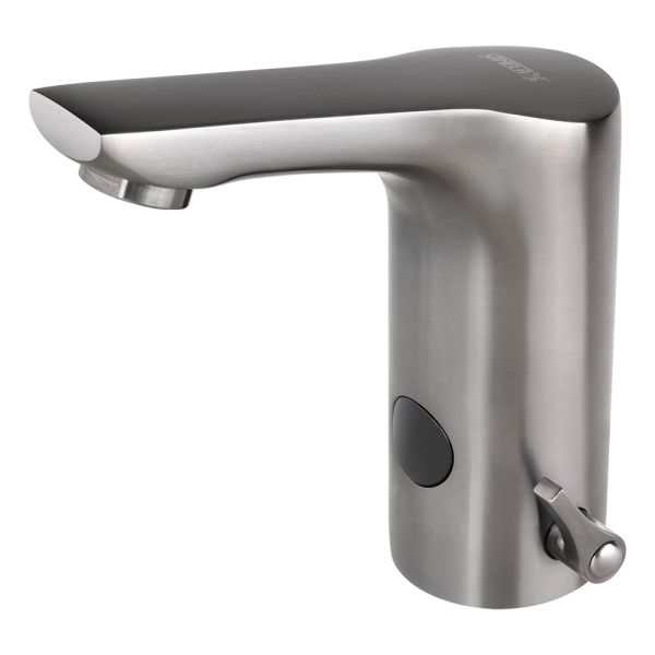 Automatická stojánková baterie s regulací, úzký výtok, dvě vody, metal grey matt, 24 V DC